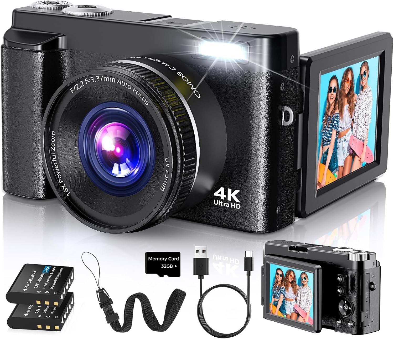 Duluvulu 4K Digital Camera for Photography Autofocus, 2026 Latest 48MP Vlogging Camera for YouTube with SD Card, 2 Batteries, 3″ 180°Flip Screen Compact Travel Camera for Teens with 16X Zoom,Black