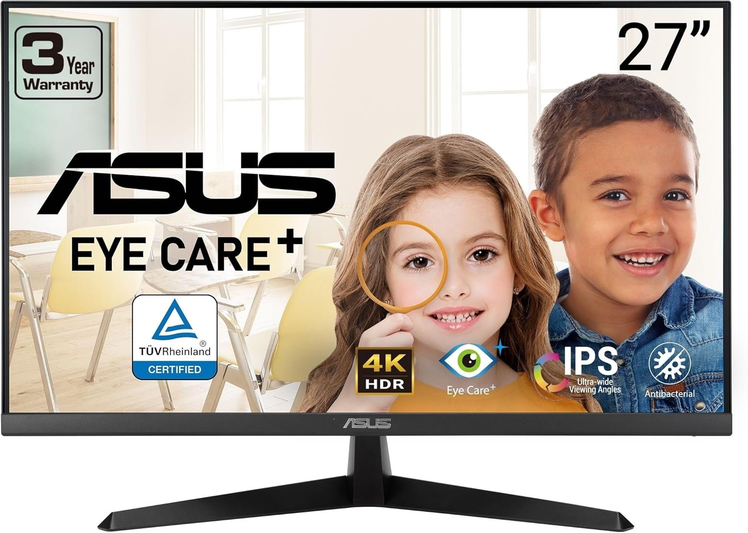 ASUS 27” 4K Eye Care Monitor (VY27UQ) – UHD (3840 x 2160), IPS, HDR10, Adaptive Sync, Eye Care Plus, Display Port, HDMI, Speaker, DisplayWidget, Blue Light Filter, Flicker Free, 3yr Warranty