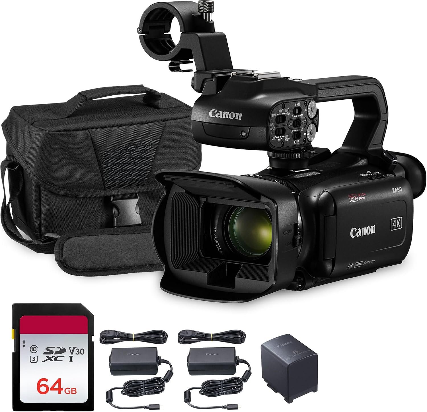 Canon XA60 Professional 4K UHD Camcorder with 20x Optical Zoom, UVC Livestreaming, Dual SD Slots, Optical Stabilization, 3.5″ LCD & OLED EVF Bundle with Shoulder Bag + More