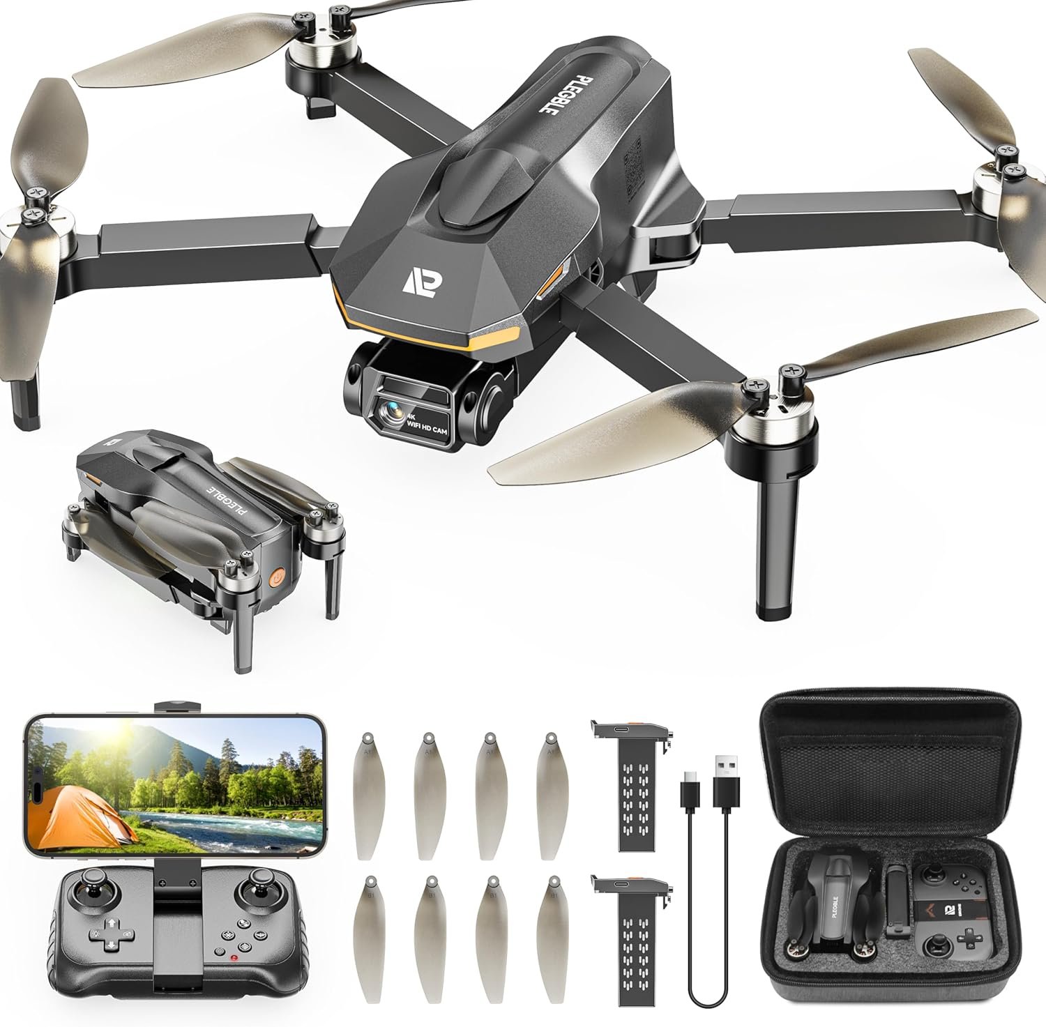 PLEGBLE Drones with Camera for Adults 4K, Beginner FPV Drone | Brushless Motor, Under 249g, 30 Mins Flight Time, Foldable Design, One-Key Takeoff/Landing, Emergency Stop, Gift for Kids