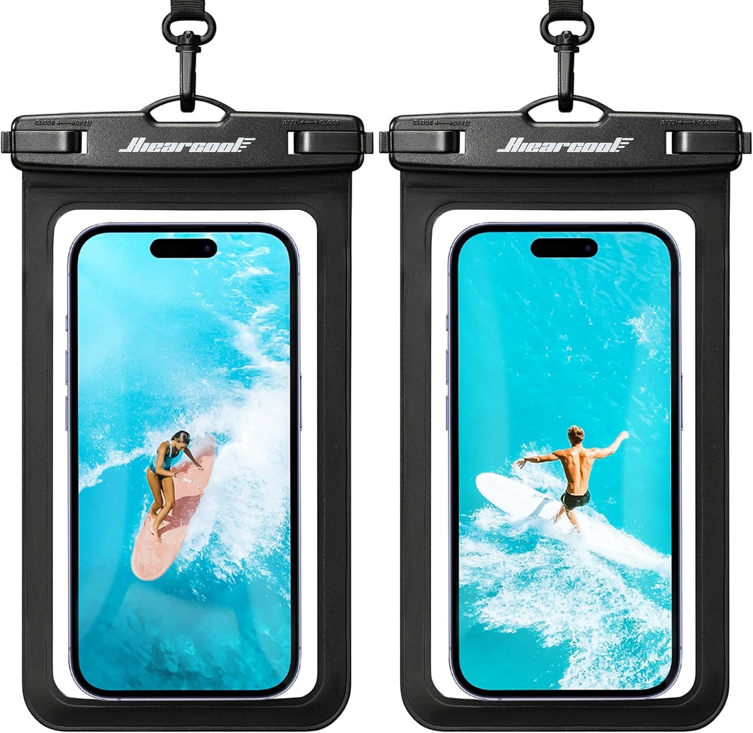 Hiearcool Waterproof Phone Pouch, Universal Case Compatible for iPhone 17 16 15 14 13 Pro Max Plus Up to 8.9″, IPX8 Beach Travel Essentials-Black-2 Pack