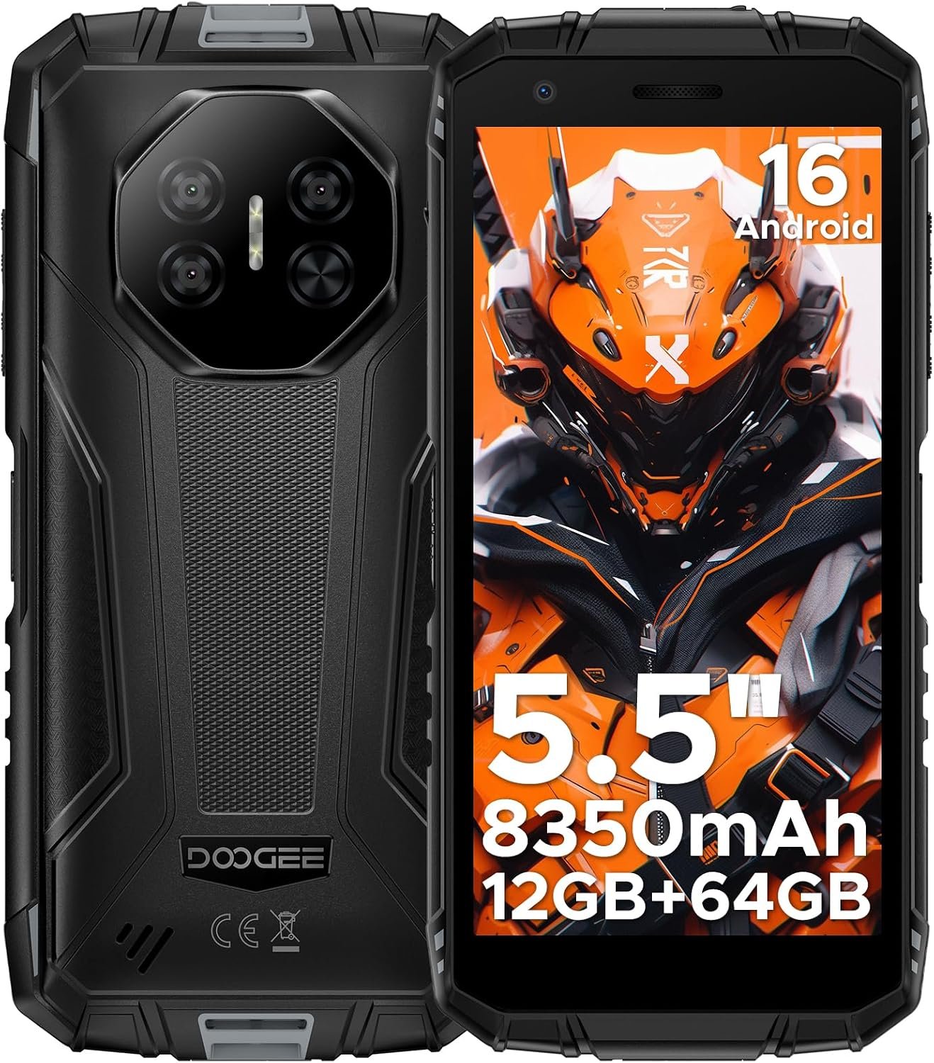 Fire 3 Android 16 Rugged Phone Unlocked,8350mAh Battery,12GB+64GB/2TB,Octa Core Rugged Smartphone,5.5″ IPS HD+ Display,13MP+8MP,IP68 Waterproof Cell Phone,Face Unlock,NFC/T-Mobile