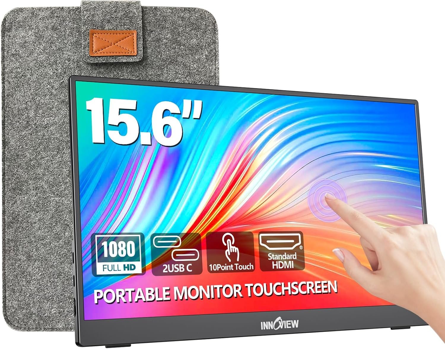 InnoView 15.6″ Portable Monitor 60Hz Touchscreen 1080P 10-Point Touch Screen Monitor Portable with Protective Sleeve Built-in Stand, 1200:1 HDMI USB C Travel Monitors for Laptop, PC, Phone
