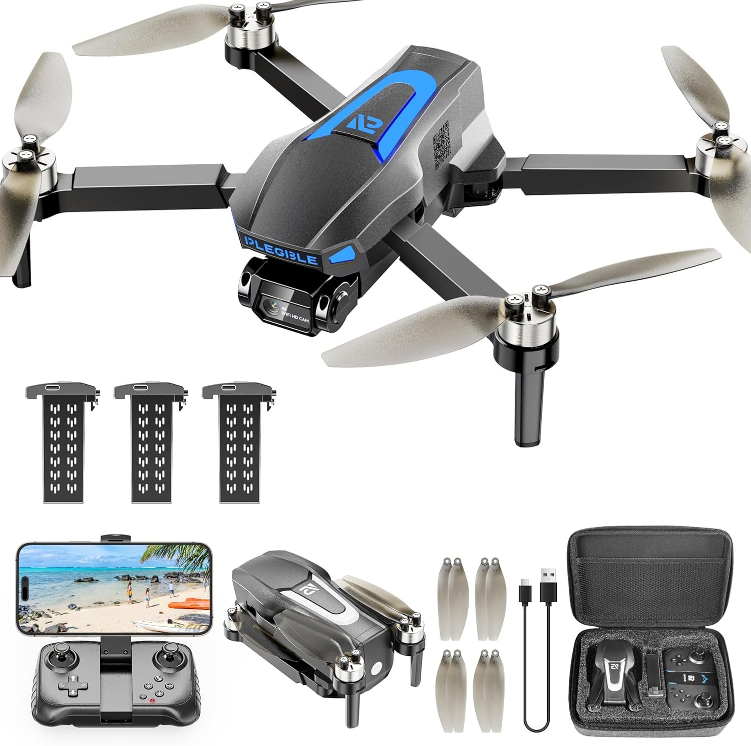 PLEGBLE Drones with Camera for Adults 4K, Beginner FPV Drone, 3 Batteries | Brushless Motor, Under 249g, 45 Mins Flight Time, Foldable Design, One-Key Start, Toys Gifts for Kids