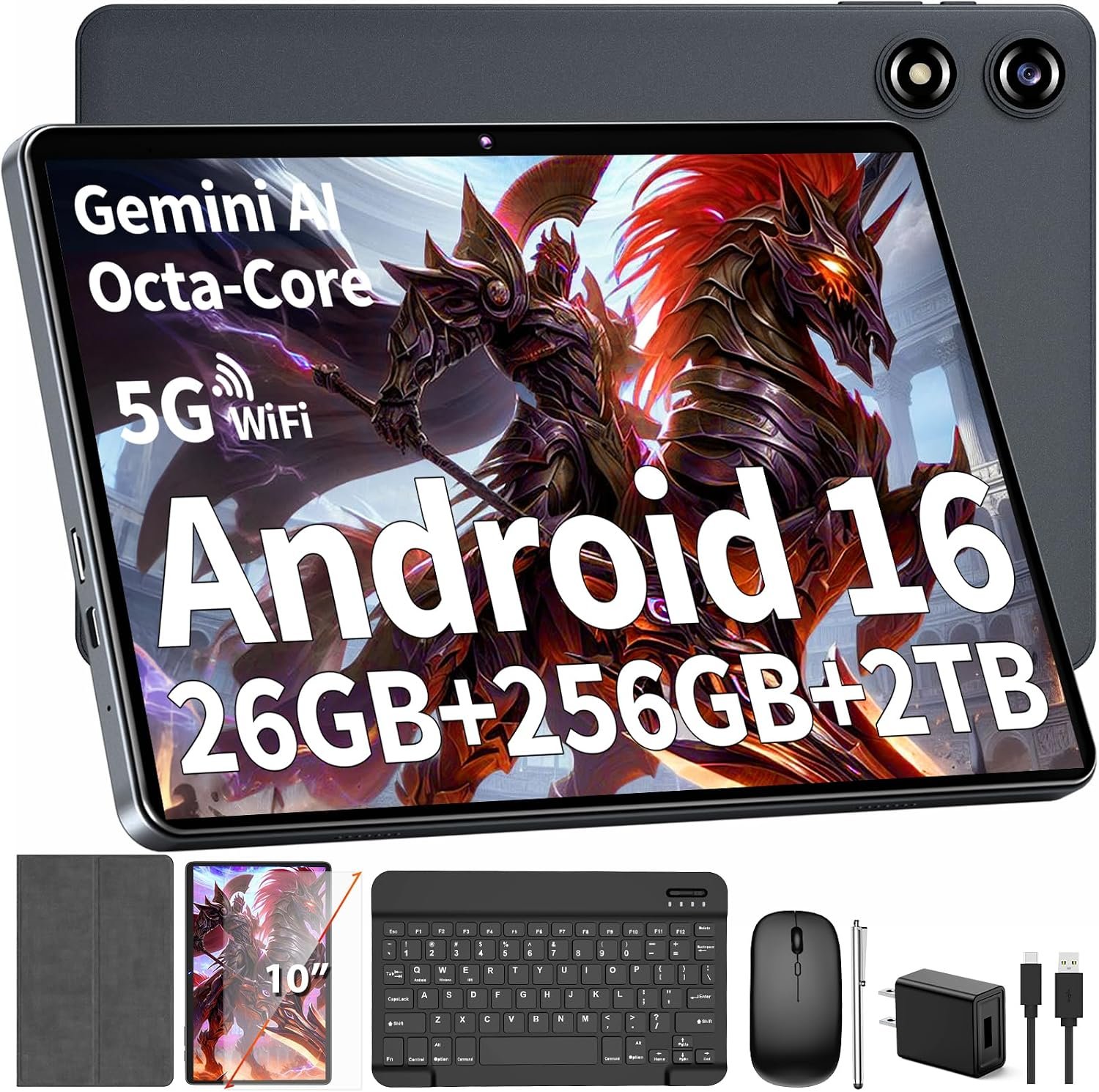 Android Tablet with Keyboard – Android 16 tablet with 26GB+256GB+2TB Expand, 10 inch Tablet with 8-Core, Gemini AI, 5G WiFi, 8000mAh, GPS, GMS, Electronic Tablet PC with Case/Mouse/Stylus-Silver Case