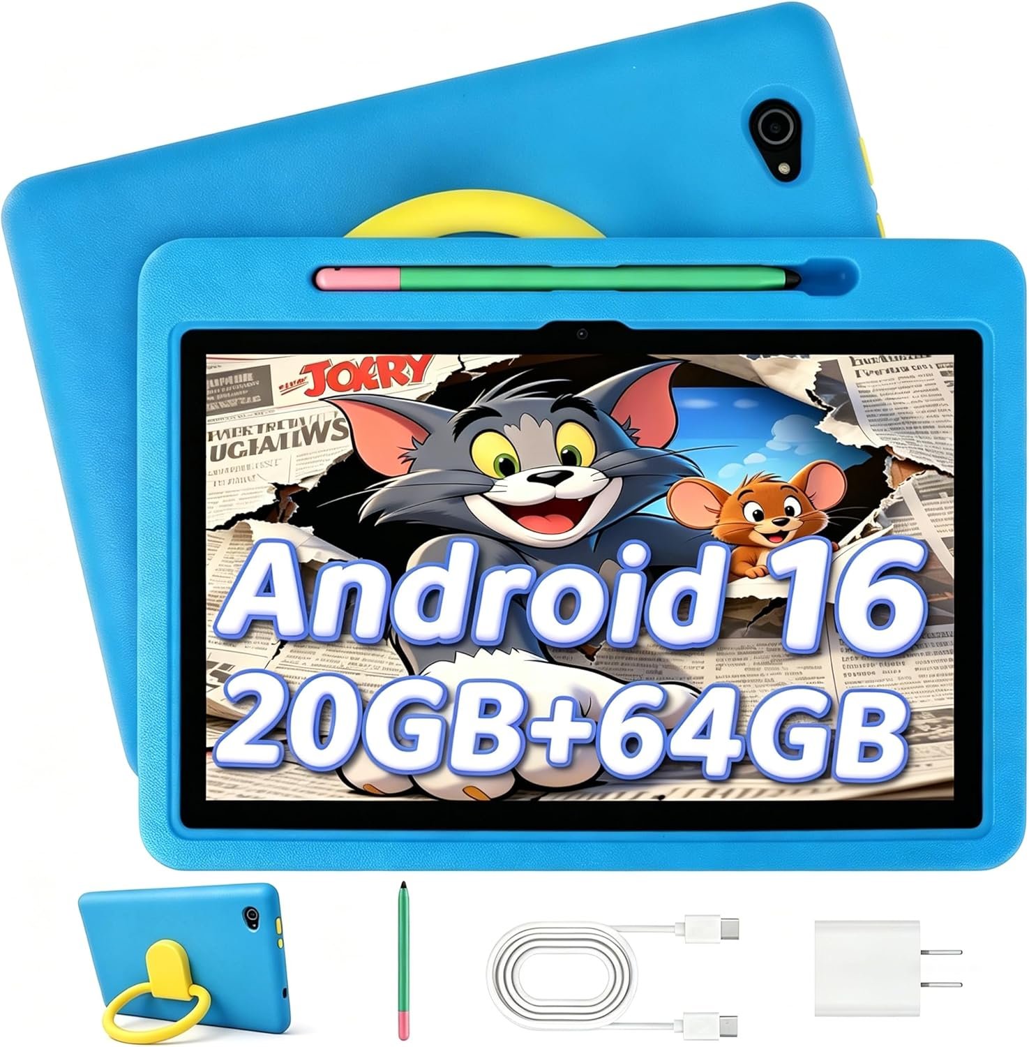 2026 Upgraded Android 16 Kids Tablet, 10 inch Tablet for Kids with 20GB RAM 64GB ROM 1TB Expand, 6000 mAh Battery, Parental Control, UKIDOZ Kids Space, Widevine L1 HD, Protective Case Pen（Blue）