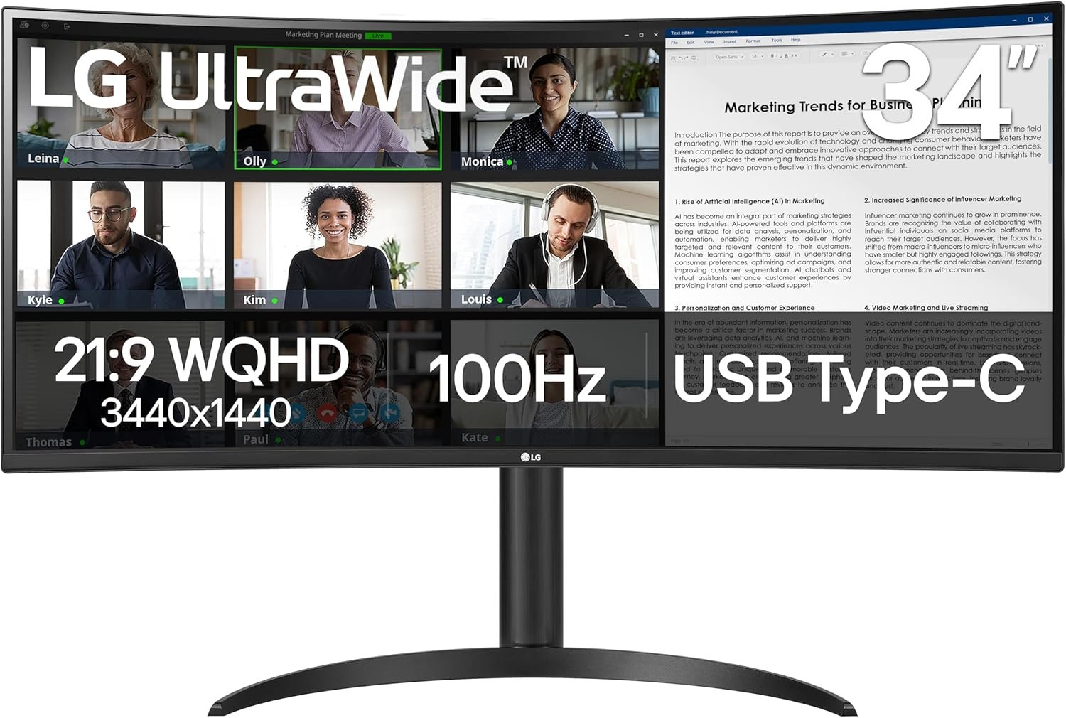 LG 34WR55QK-B 34-inch UltraWide WQHD (3440 x 1440) Curved Computer Monitor, 100Hz, 5ms, HDR10, Reader Mode, HDMI, DisplayPort, USB Type-C, Tilt/Height Adjustable Stand, Black