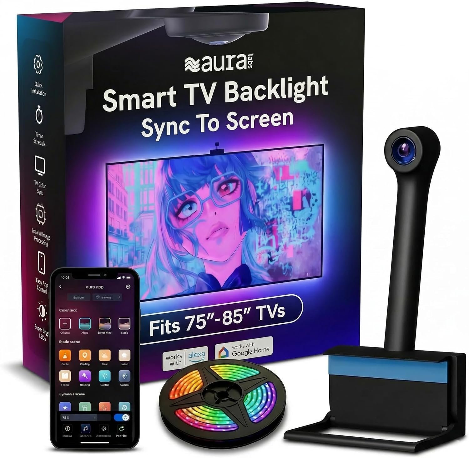 Aura Labs Smart TV Backlight Sync to Screen for 70-85 Inch TV – Camera-Based Color Match – Backlighting for TV – Voice and App Control – RGB LED Strip Light – LED Lights for TV
