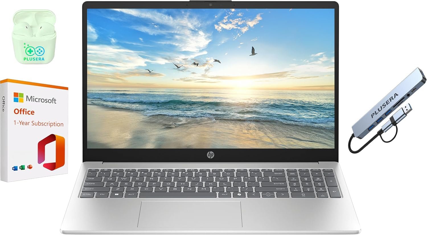 HP 15.6″ Business Laptop with 1-Year Microsoft Office 365 Included, AI Copilot, 16GB RAM 128GB SSD, Quad-Cores Intel Processor, Windows 11, PLUSERA Earphones & 8-in-1 Hub Included, Natural Silver