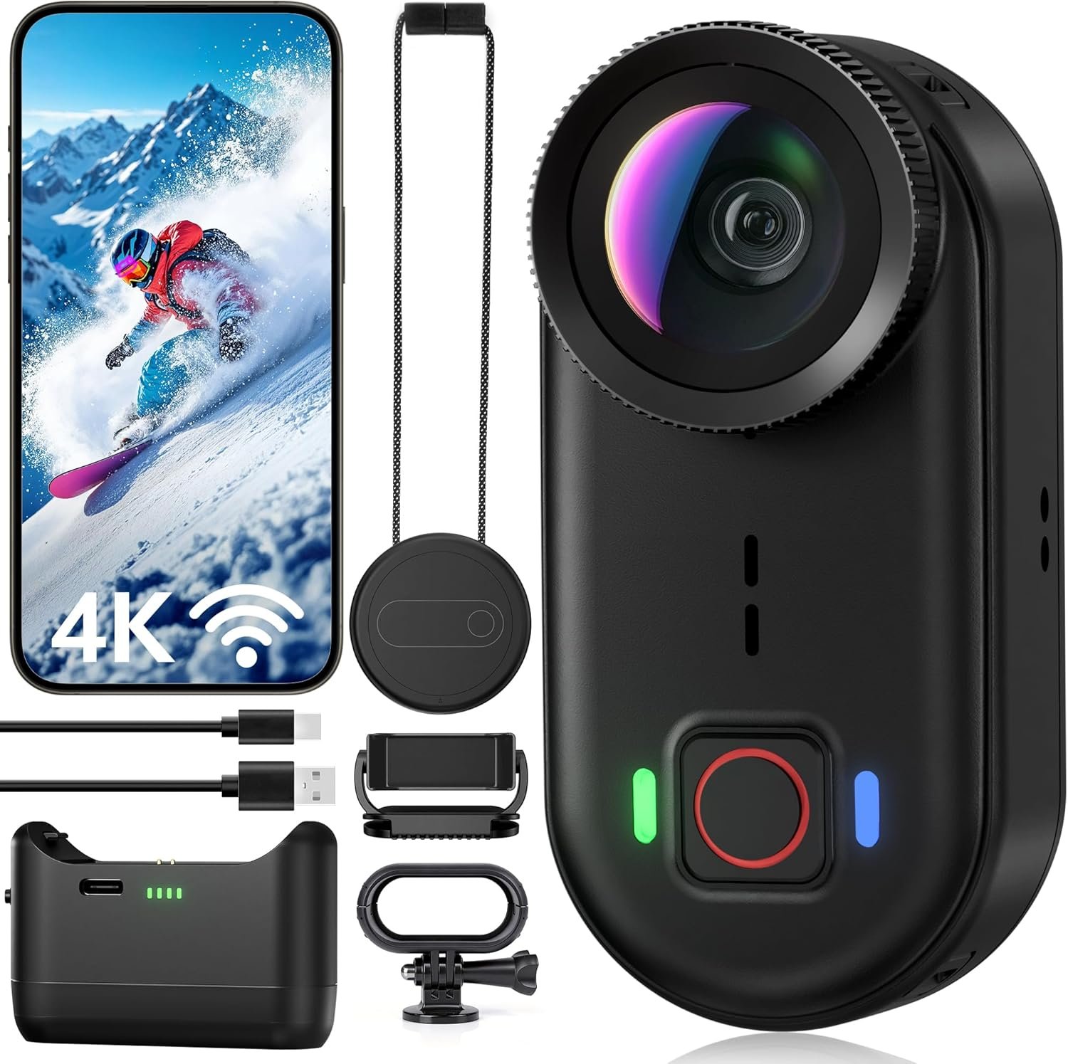 4K Mini Body Action Cameras POV Body Cam, 64GB Sports Camera with Audio Video Recording, Portable WiFi Magnetic Wearable Waterproof Thumb Camera for Motorcycle Vlogging Skiing Cycling Hiking-Black