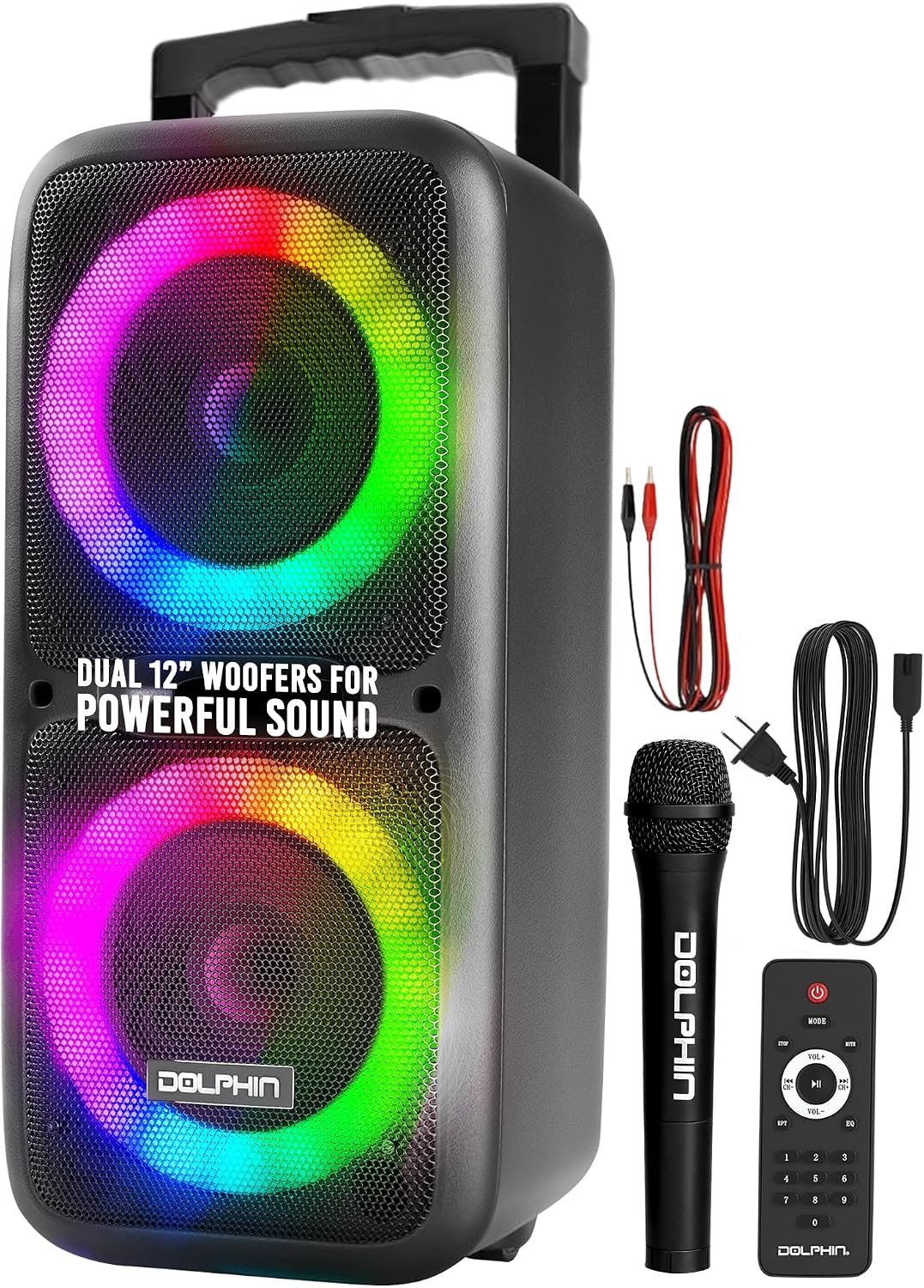 Dolphin Dual 12″ Bluetooth Party Speaker – Portable Large Speaker with Wired Microphone, Multicolor LED Lights, USB Playback, Hi-Fi Amplifier, Powerful Bass, 5-Band Equalizer, Long-Lasting Battery