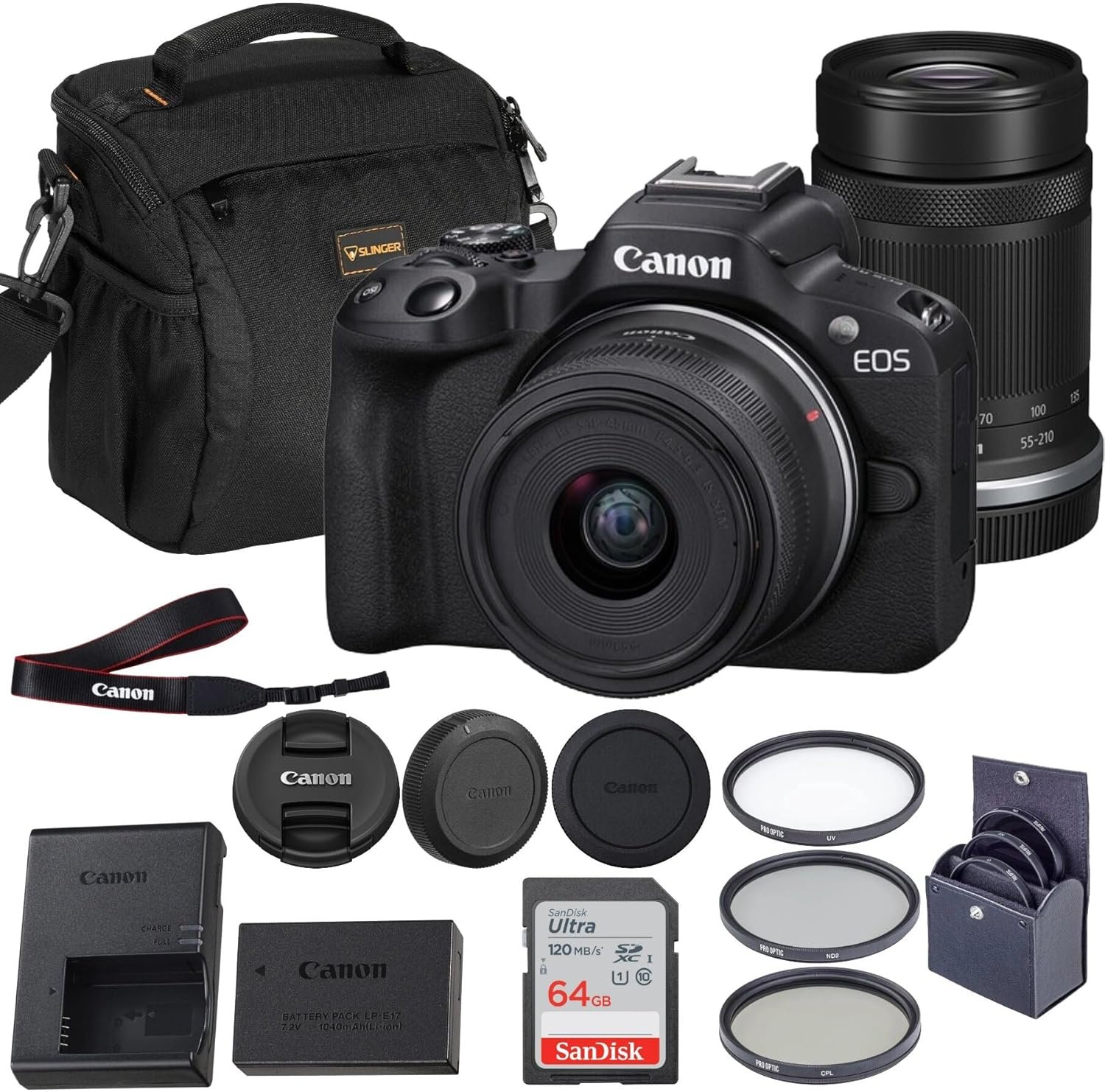 Canon EOS R50 Mirrorless Camera with RF-S 18-45mm & 55-210mm Lenses, 24.2MP APS-C, 4K Bundle with 64GB SD Card, Shoulder Bag, 3 Filter Kit, Wi-Fi, Bluetooth & 1-Year Warranty