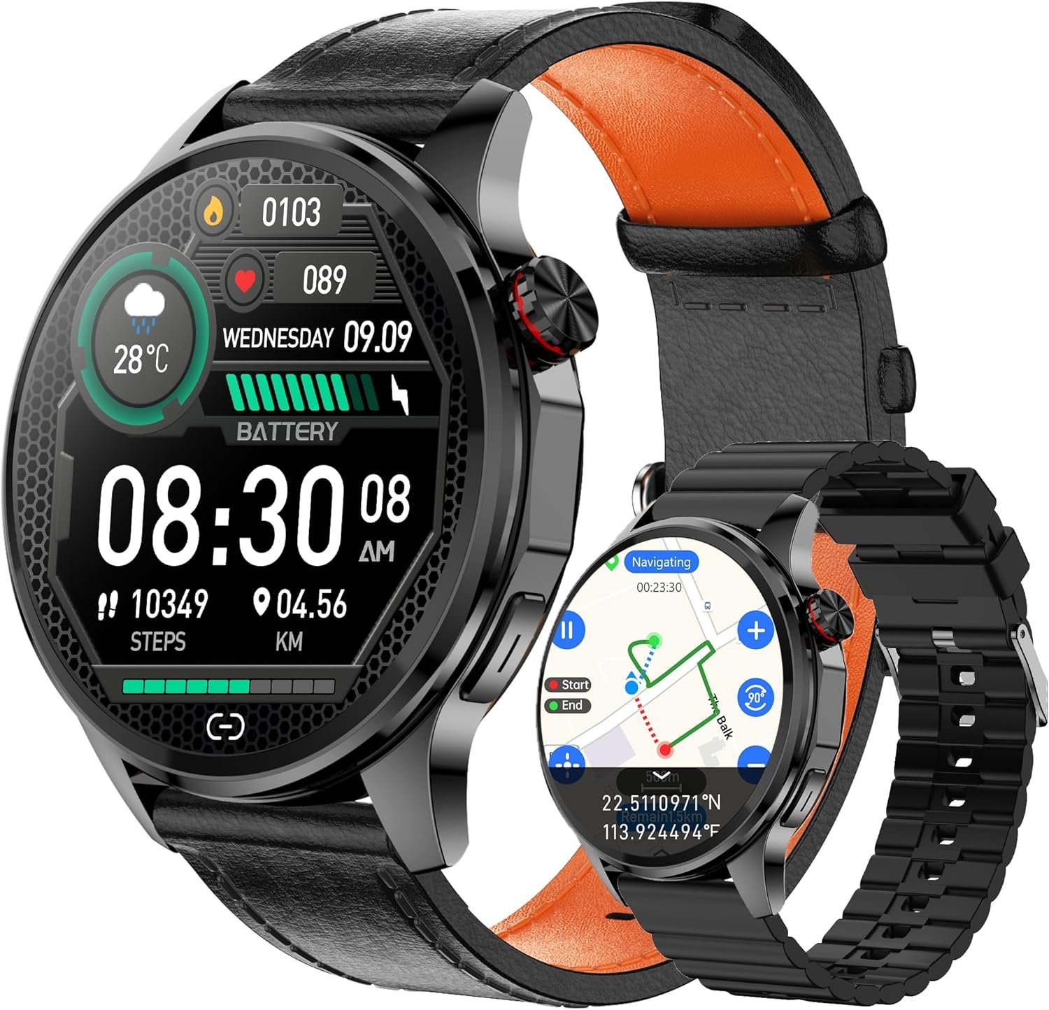 Smart Watch for Men with GPS Offline Maps, 1.46″AI Smartwatch, BT Call/Text Reply, Heart Rate/ Sleep Monitor/Health Analysis, 100+ Sports, 5ATM Waterproof Fitness Tracker for Android iOS – 2 Bands