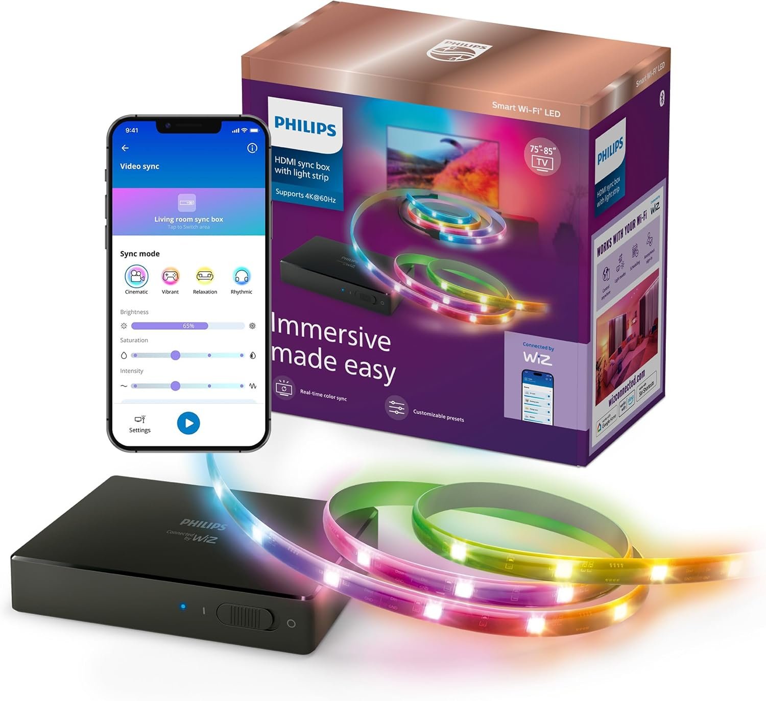 Philips Smart Lighting HDMI Sync Box with TV Backlight, RGBIC LED Strip for 75-85 Inch TV, Sync with Movies, Music, HDMI 2.0, 4K at 60Hz, App/Voice Controls, Requires External Video Source