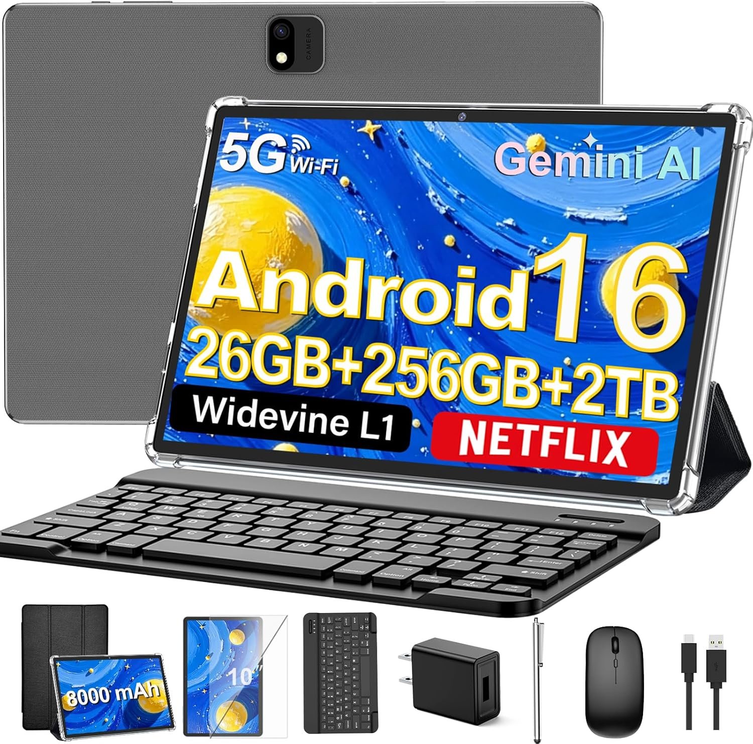Android 16 Tablet with Keyboard, 2026 Android Tablet 10 inch, 26GB+256GB+2TB Expand, Electronic Tablet PC with Gemini, 8-Core, 8000mAh, 5G WiFi, GMS, 2 in 1 Tablet with Case/Mouse/Stylus(Black Case)