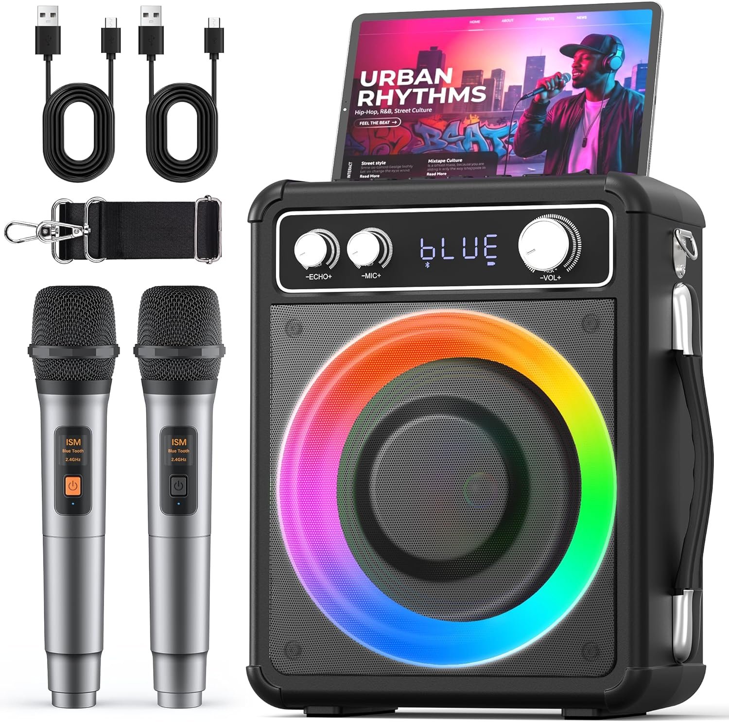 VOSOCO Karaoke Machine with 2 Wireless Microphones, Portable Bluetooth Speaker for Adults Kids, PA Systems Support TWS Echo Adjust TF USB AUX for Home Party Outdoor Travel