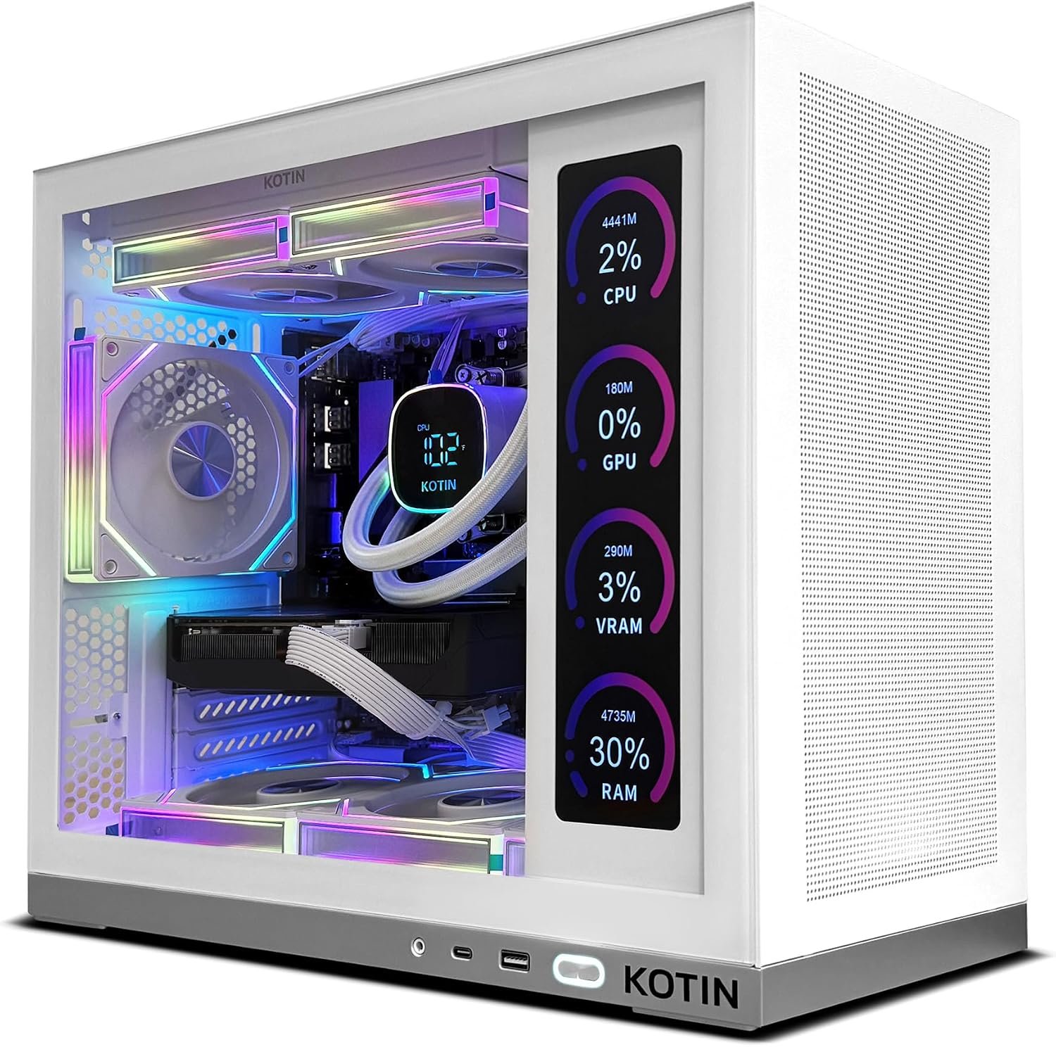 KOTIN Prebuilt Gaming PC Desktop Computer, Ryzen 7 7800X3D, RTX 5060 Ti 8GB, 32GB DDR5 6000MHz, 1TB PCIe 4.0 SSD, 11.3″ Display, 240mm Liquid Cooler, WiFi 7, Windows 11 Home, ARGB White Tower G50W