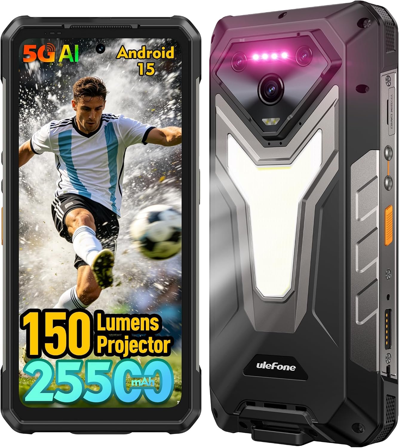 Ulefone Armor 34 Pro Plus 5G Rugged Smartphone with 150 Lumens Projector, 32GB+512GB ROM/2TB, 25500mAh 66W, Android 15, 6.95″ 120Hz, 64MP+50MP+50MP 32MP, 1100LM LED Light/Waterproof/NFC/Widevine L1