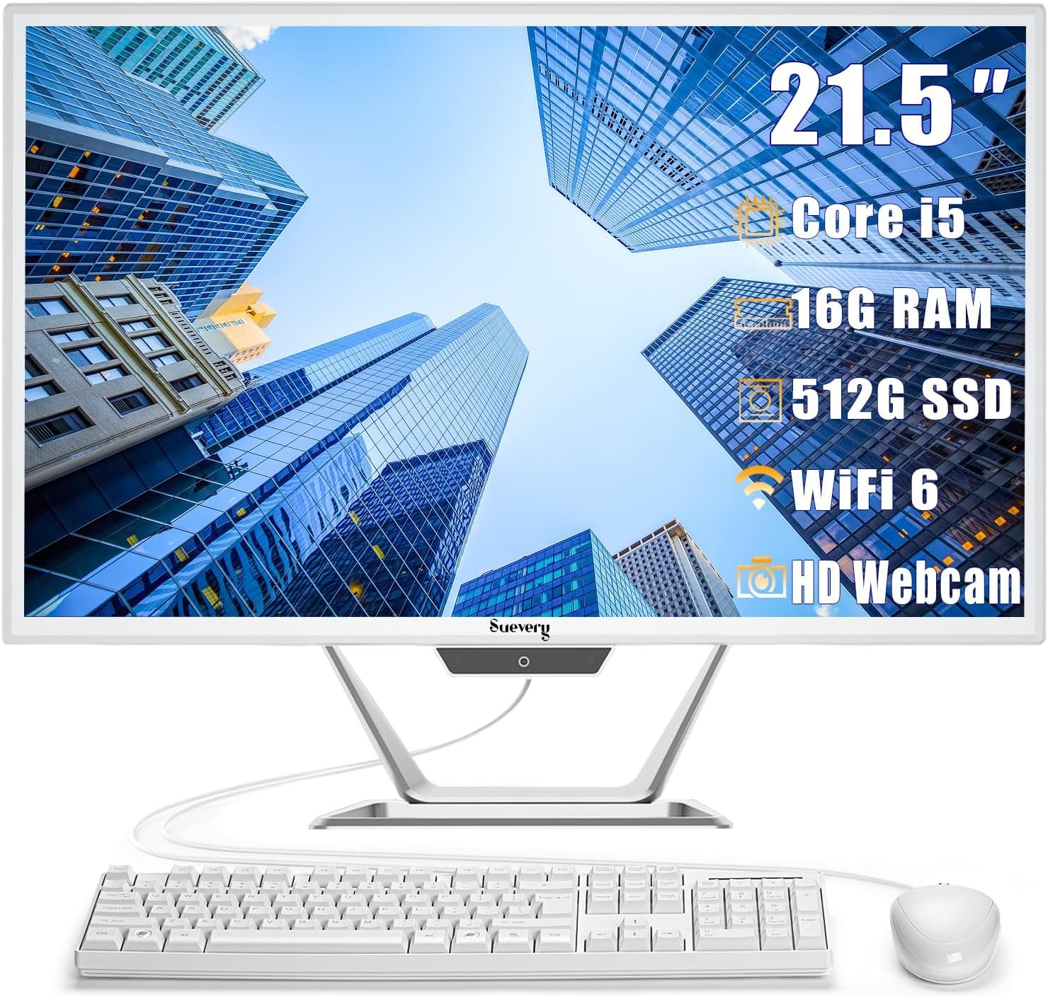 suevery All-in-One Desktop Computer, Core i5 16GB RAM 512GB SSD, HD Webcam Clear Calls,21.5 AIO Gaming pc,1080P Display, WiFi 6, Business All in One for Home Office Daily Use with Keyboard & Mouse