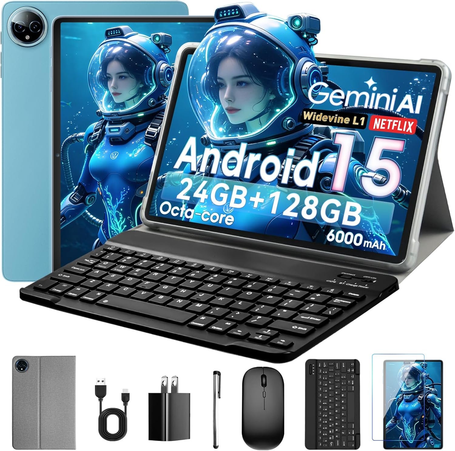 10 Inch Tablet, Android 15 with 24GB RAM + 128GB ROM (1TB Expandable), Octa-Core, 1280×800 IPS HD Touchscreen, 5MP+8MP Dual Camera, 6000mAh, Tablet with Keyboard, Mouse, Widevine L1(Blue)