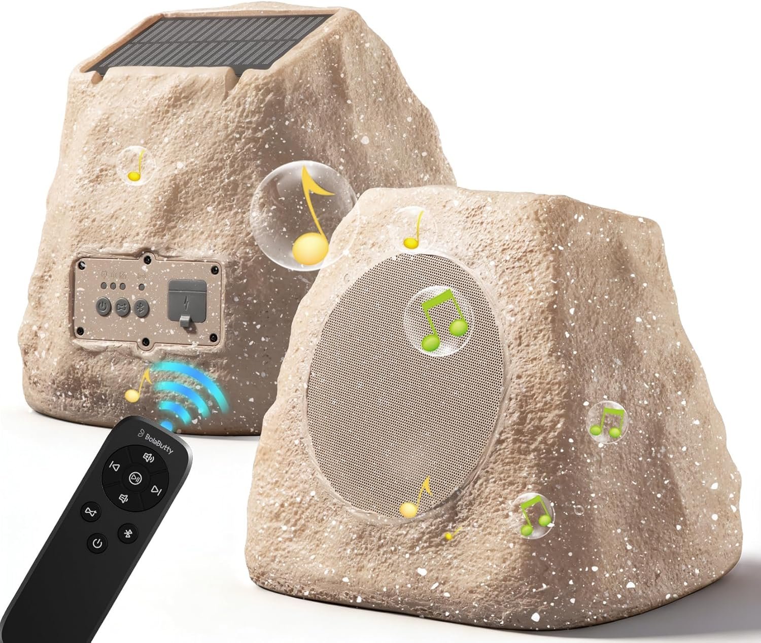 Upgraded Outdoor Rock Speaker 60W Deep Bass Multi-Sync up to 100Pcs, Remote Control, IPX7 Waterproof Solar-Powered with LED Lights Perfect for Pool, Garden, Patio, Ideal for Music Lovers – 2 Packs