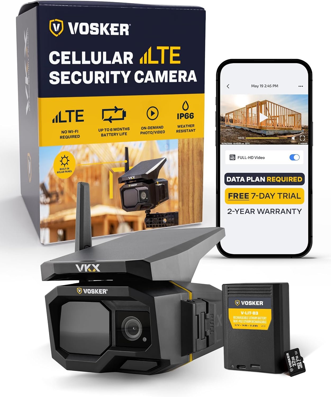 Vosker VKX Construction Pack Solar 4G LTE Security Camera, Wireless Outdoor Surveillance for Remote Construction Sites – No Wi-Fi Needed, SIM Card Included Night Vision, IP65 Weather-Resistant