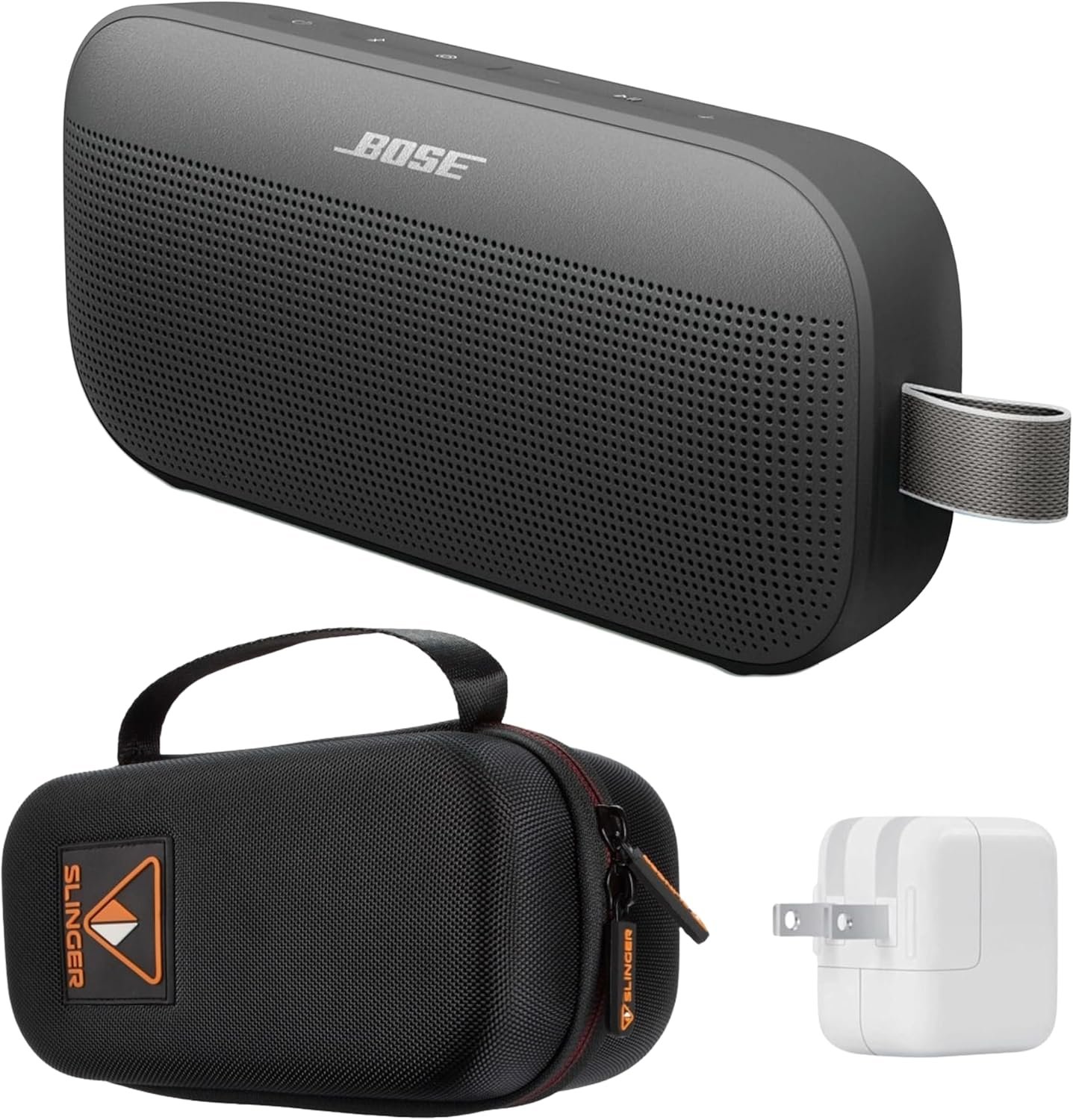 Bose SoundLink Flex Portable Bluetooth Speaker (2nd Gen), Outdoor Speaker with Hi-Fi Audio, Up to 12 Hours Battery, Waterproof and Dustproof, + Slinger Hard Travel Case & USB Plug (Black)