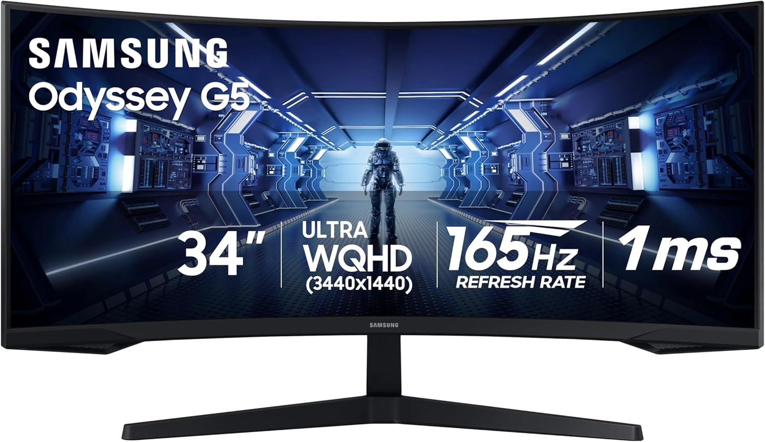 Samsung 34′ Odyssey G5 Ultra-Wide Gaming Monitor with 1000R Curved Screen, 165Hz, 1ms, FreeSync Premium, Large Display, Eye Comfort, Multiple Ports, WQHD, LC34G55TWWNXZA, Black
