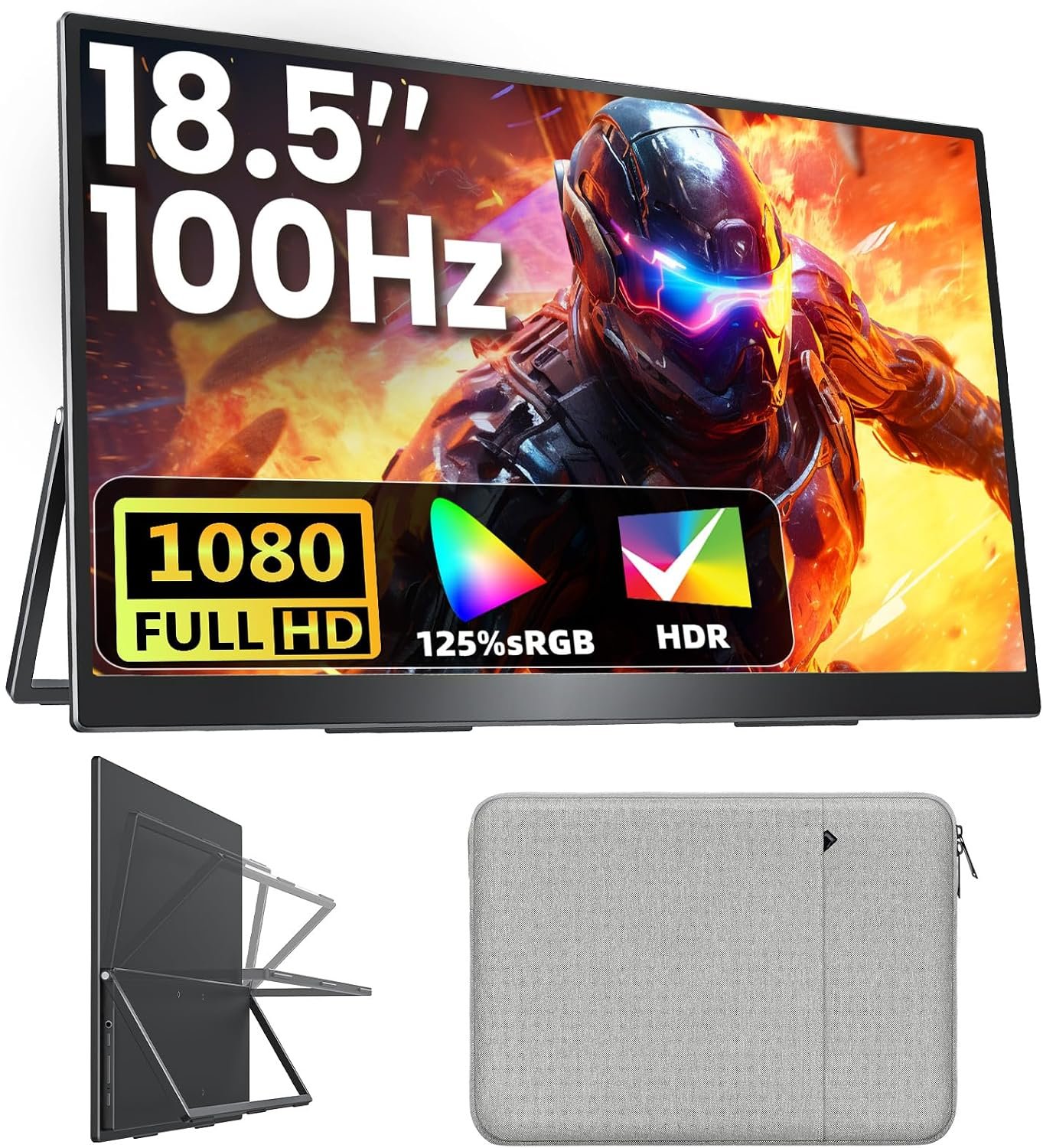 Upperizon Portable Monitor 18.5 inch FHD 125% sRGB 100Hz IPS HDR HDMI USB-C Travel Monitor for Laptop MacBook PC Surface PS5 Xbox, Large External Display with Kickstand & Speakers, VESA Compatible