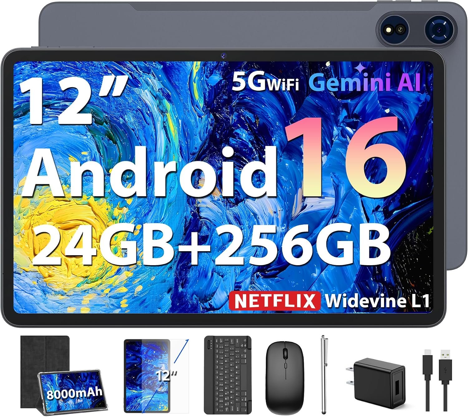 2026 Android 16 Tablet, 12 inch Tablet with Keyboard, 24GB+256GB+2TB Expand, Electronic Tablet PC with 2K Gemini AI, 8000mAh, Octa-Core, GMS, GPS, 2 in 1 Large Tablets with Case, Mouse, Stylus (Black)