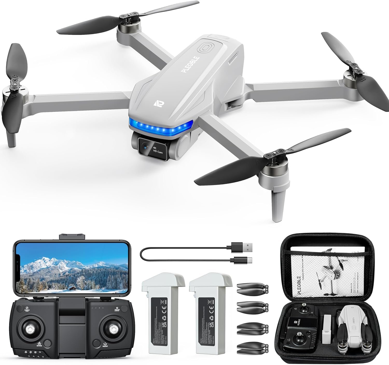 PLEGBLE GPS Drones with Camera for Adults 4K, Brushless Motor FPV Drone with Auto Return, Follow Me,Tap Fly & Circle Fly, Under 249g, 46 Mins Flight, Foldable Drone for Adults Beginners