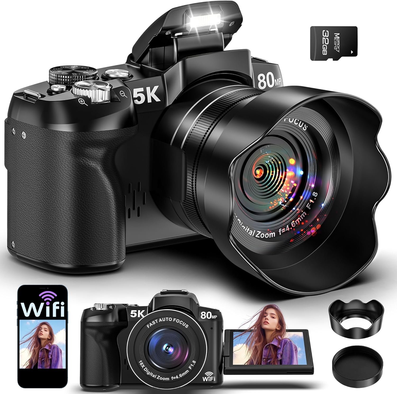 5K Digital Cameras for Photography – 80MP WiFi Vlogging Camera for YouTube with 3″ 270° Flip Screen – UHD Fast Autofocus Video Camara for Beginner Travel Camaras with 18X Zoom, Memory Card, Lens Hood