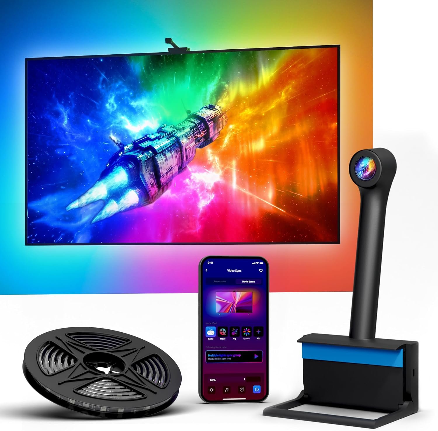 Ailofy RGBIC TV LED Backlight with HD Wide-Angle Camera for 55-65 Inch TVs, Full-Screen Color Sync Lights for Gaming, Movies & Streaming, App Control, Works with Alexa & Google Assistant
