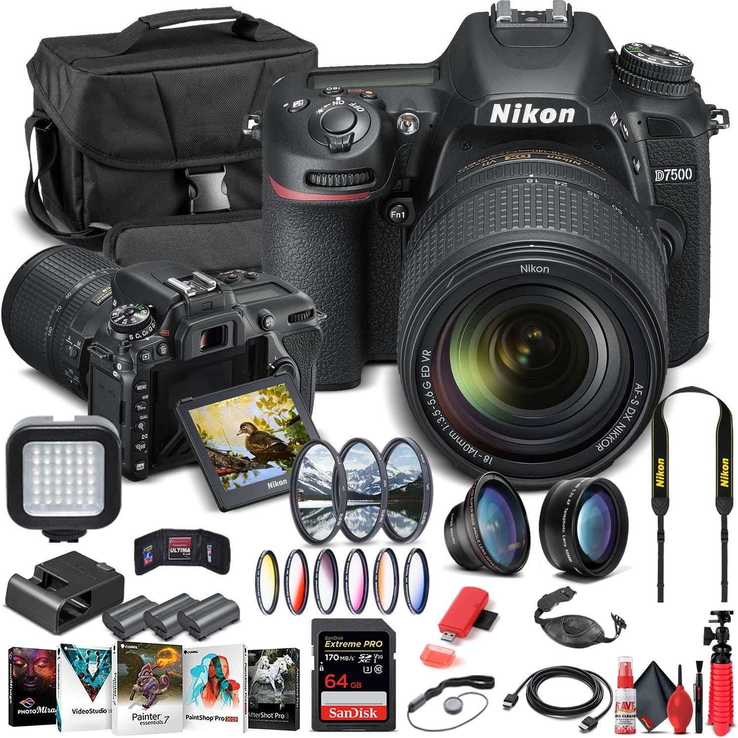 Nikon D7500 DSLR Camera with 18-140mm Lens (1582) + 64GB Memory Card + Case + Corel Photo Software + 2 x EN-EL 15 Battery + Card Reader + LED Light + Filter Kit + Wide Angle Lens + More