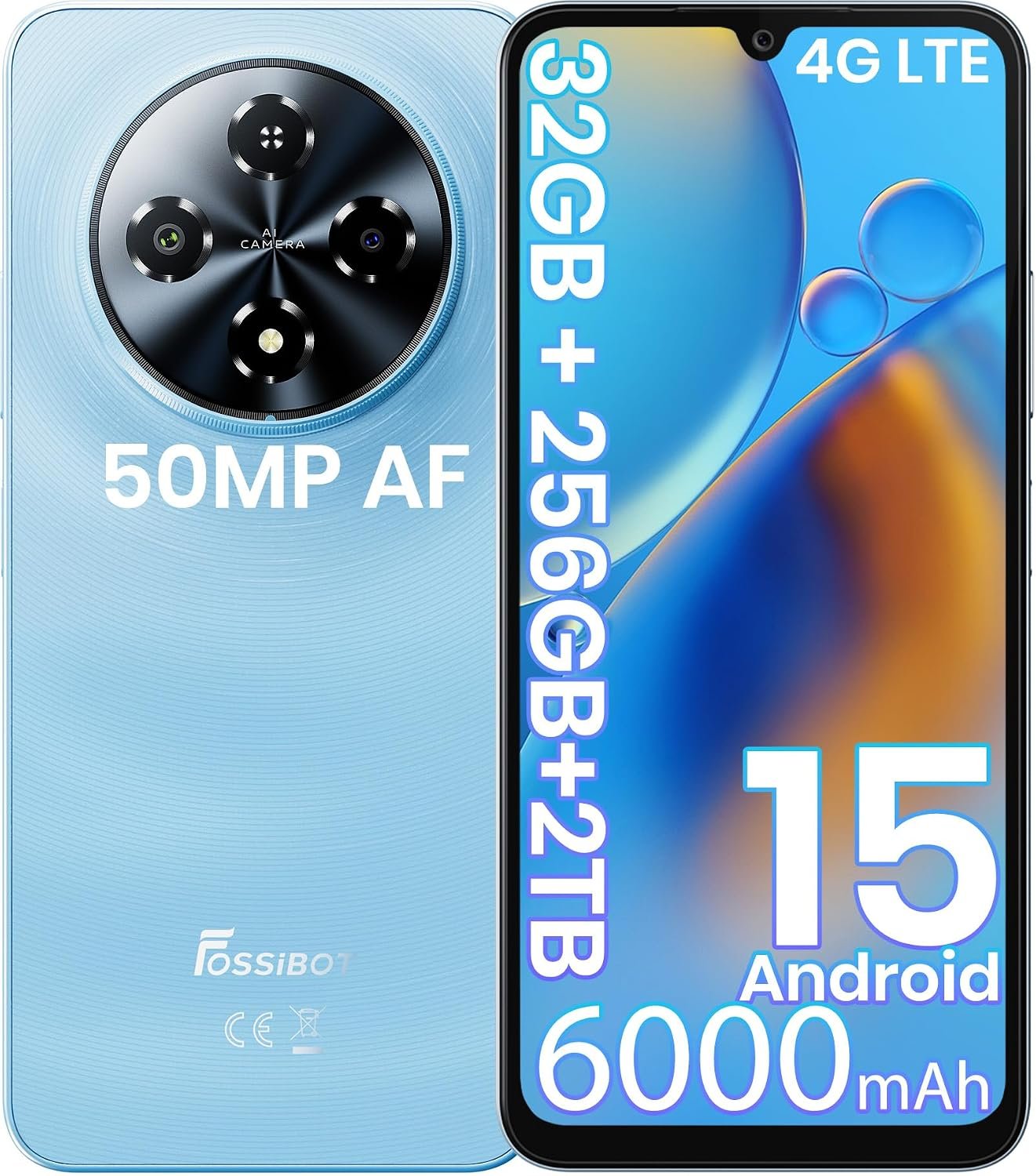 FOSSIBOT S5 Pro Android 15 Cellphone, 32GB+256GB/2TB Smartphone, 6.88″ HD 6000mAh Battery Phone,50MP+8MP Phones,Gemini Al Cell Phone 2026 Blue