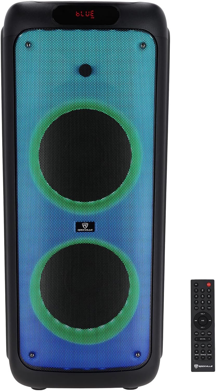 Rockville Bass Party 10 V2 Dual 10″ Portable Bluetooth LED Speaker | 2000W Peak/400W RMS, Wheels and Handle, TWS Function, USB/SD/Mic/Guitar/AUX input, 12-Hour Rechargeable Battery at 25% Volume