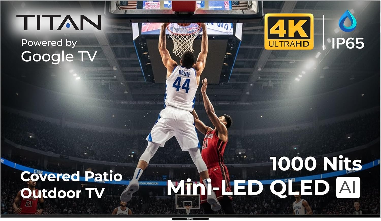 Titan G100 Mini 55 Inch Covered Patio Outdoor TV – 4K UHD QLED IP65 – Google OS, Dolby Vision & Atmos, Onkyo Speakers – Thin Bezel – Weather Resistant – 2-Year Warranty & USA Assembled