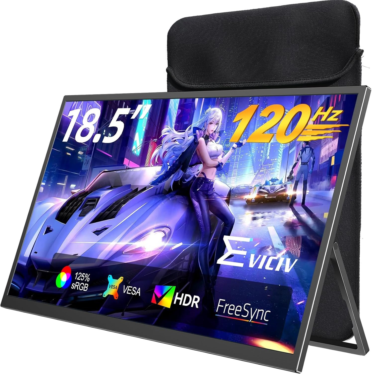 Portable Monitor 18.5” | 120HZ 1ms Gaming Monitor | 125% sRGB | FreeSync, HDR | 350Nits | USB-C & MINI HDMI | VESA & Stand | Large Travel External Second Screen for Laptop, Computer, Game Consoles