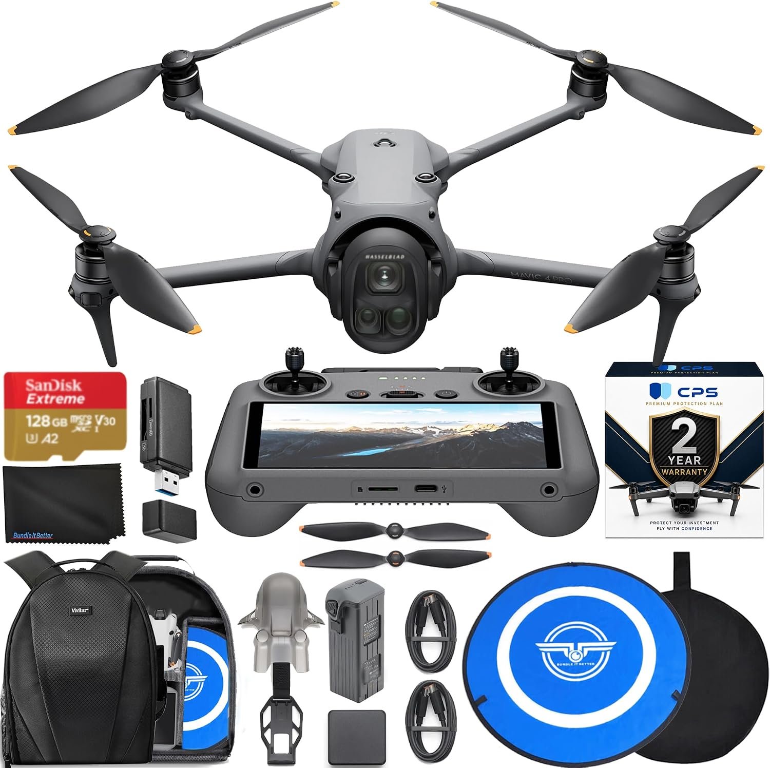 DJI Mavic 4 Pro Drone 6K60 HDR, 100MP, 51-Min Max Flight Time, 18.6-Mile Range, ActiveTrack 360 Subject/Vehicle Tracking, Omnidirectional Avoidance Bundle with 128GB Memory, 2 Year CPS Warranty, Backpack, Bundle It Better Lens Cloth + More