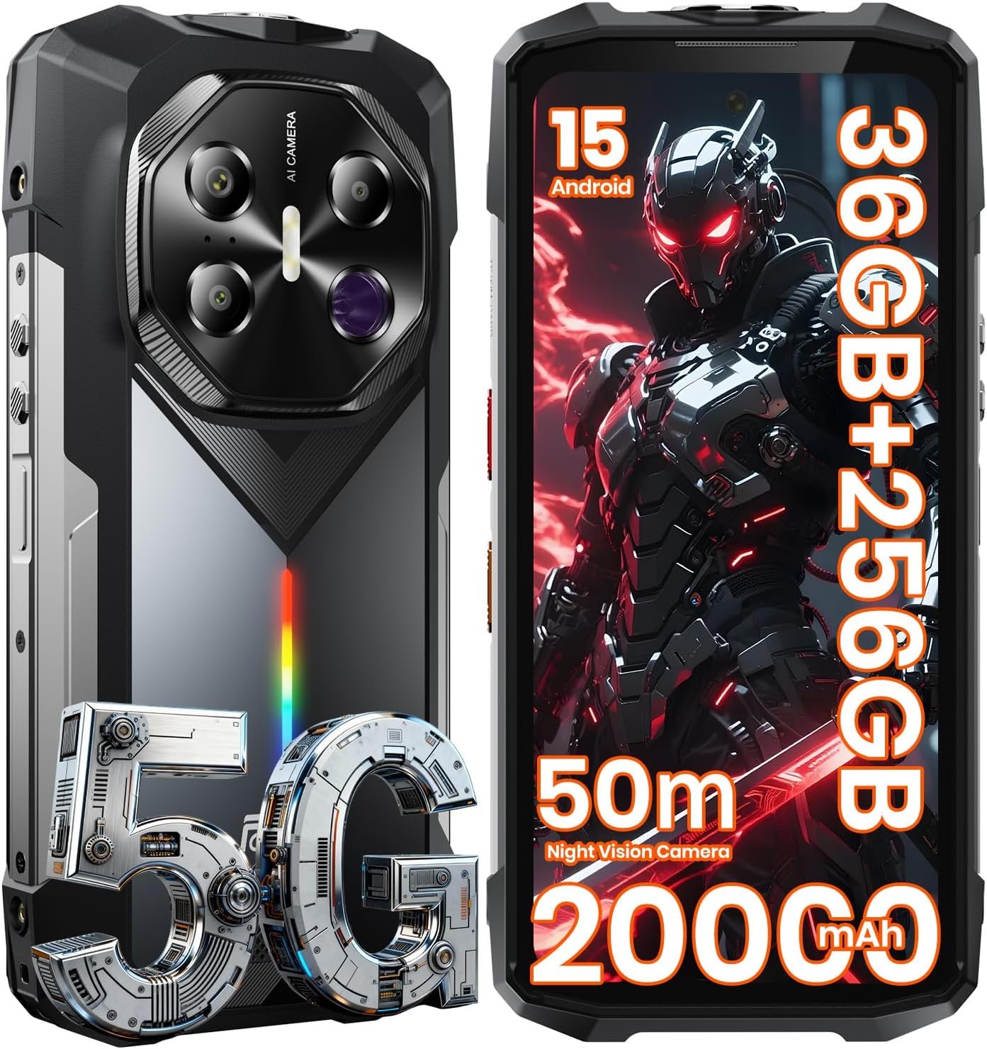FOSSIBOT F113 Rugged Phone Unlocked 5G Android 15, 36GB+256GB/2TB Rugged Smartphone, Corning 3 6.78”FHD+120Hz Display 50MP Super Night Vision, 20000mAh Battery Waterproof Cell Phones (Silver)