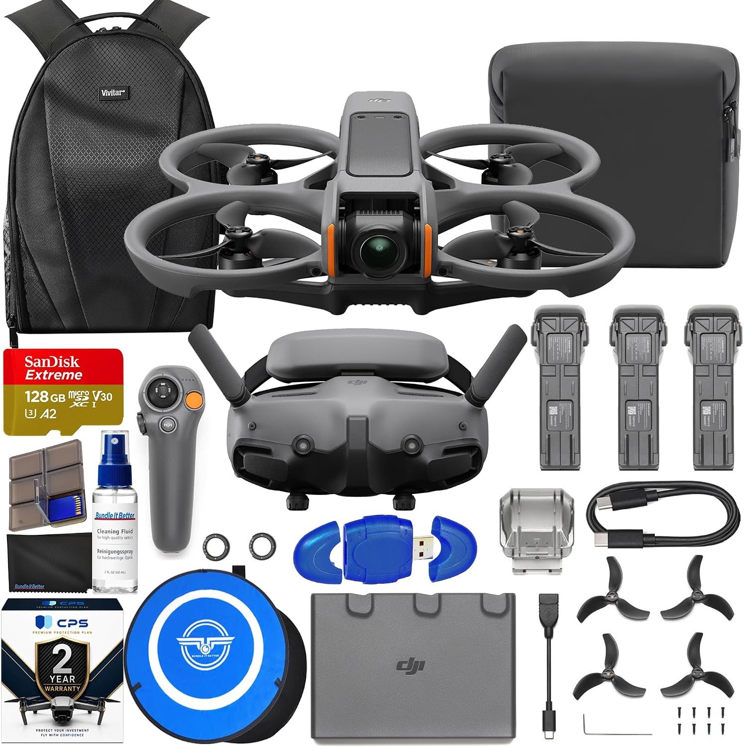DJI Avata 2 FPV Drone with 3-Battery Fly More Combo, 4K Video, 128GB Memory, Landing Pad, 2 Year Warranty, Gray, Beginner to Advanced