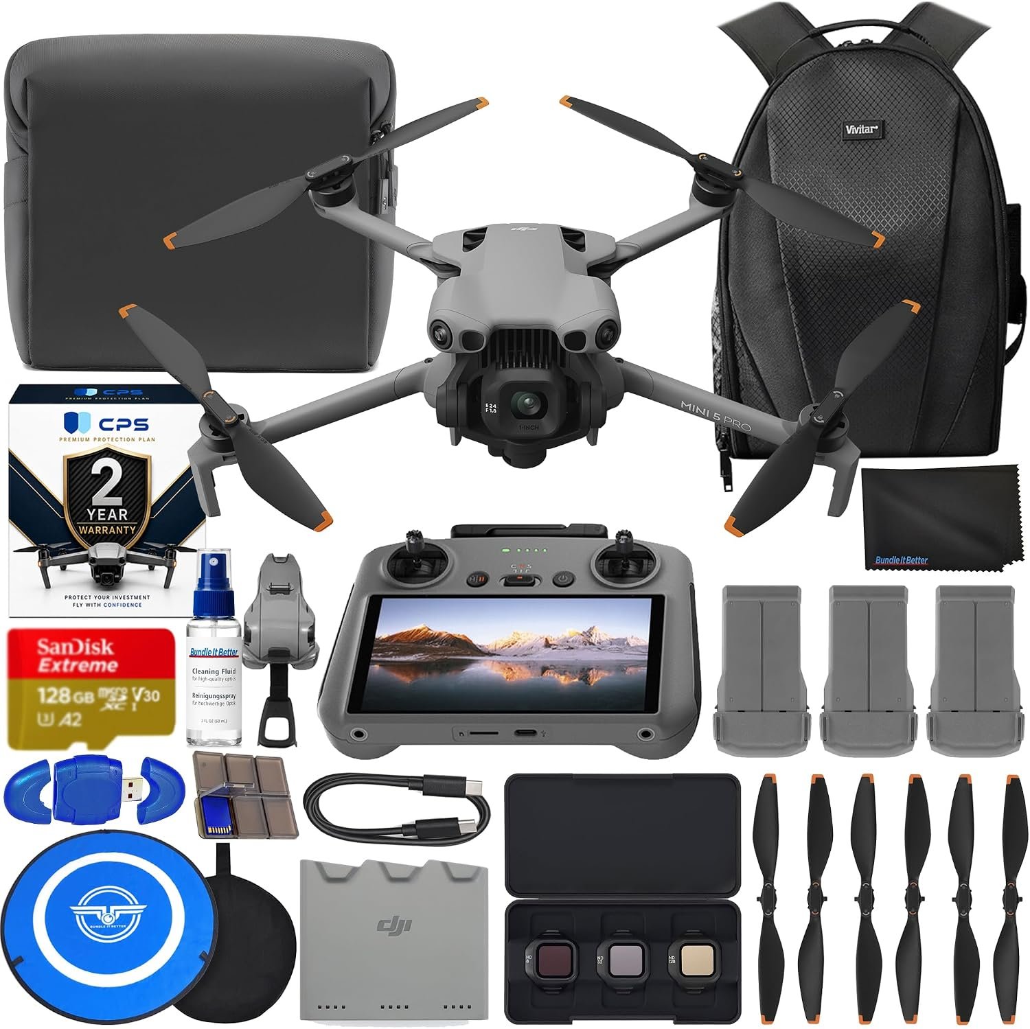 DJI Mini 5 Pro Drone Fly More Combo with RC 2 Controller (With Screen) Folding Drone with 4K Video, 36 Mins Flight Time, 3 Batteries Bundle with 128GB Memory Card, CPS 2 Year Warranty + Pilot Kit
