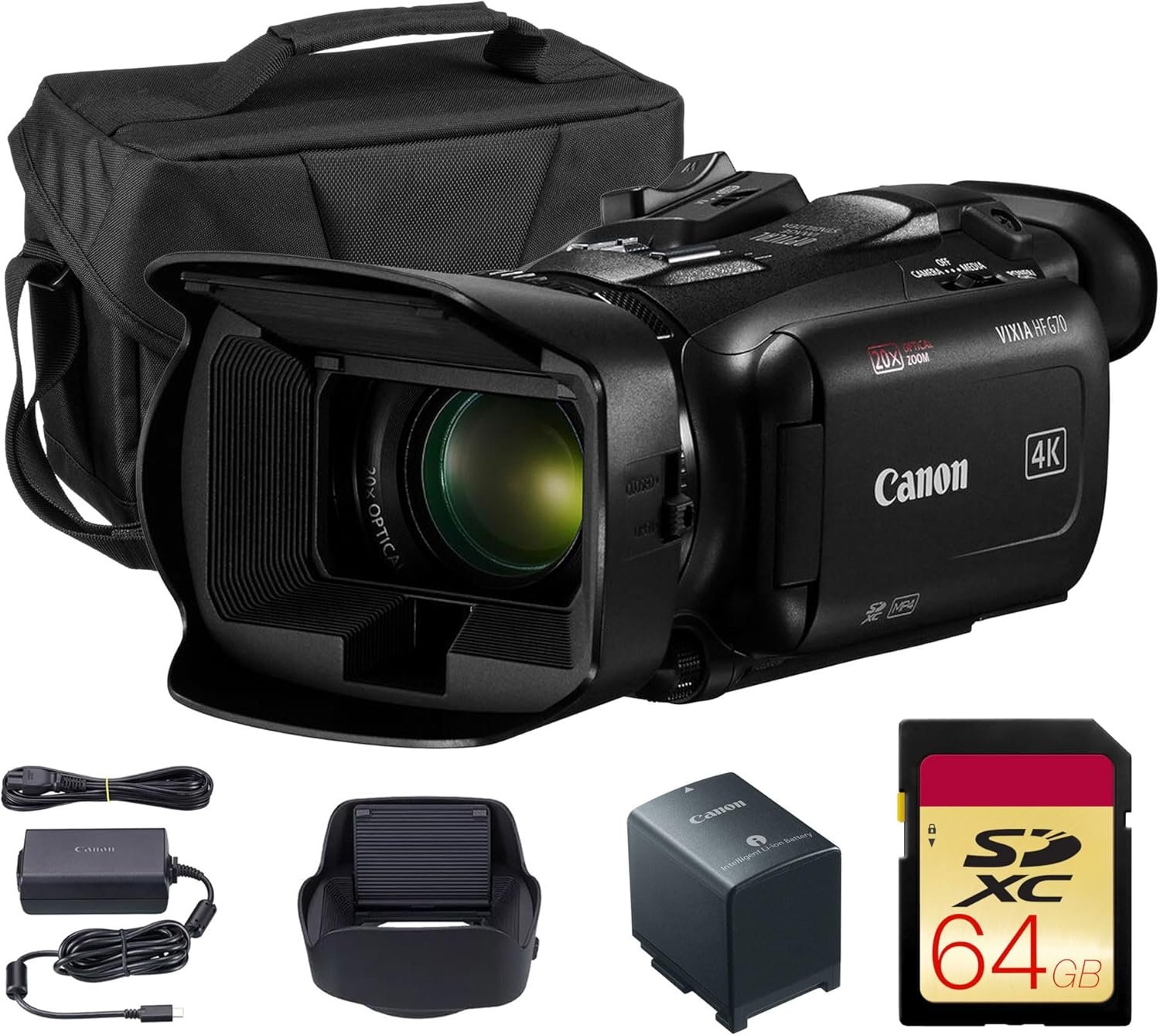 Canon VIXIA HF G70 4K Camcorder – UHD Video Camera with 20x Optical Zoom, 1/2.3″ CMOS Sensor, Dual SD Slots & HDMI Output (5734C002) + Shoulder Bag + 64GB Memory Card