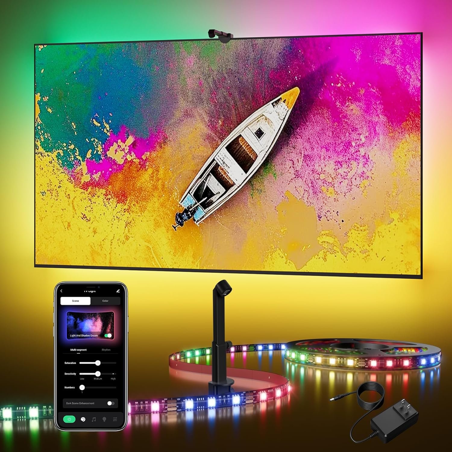 DeckTok TV Backlight LED 15ft – TV Backlight Sync to Screen PC Monitor for 55-75 Inch RGB LED Strip Lights Cuttable with Sensor Smart App Control Game & Music Sync Color Changing Light for Home Decor