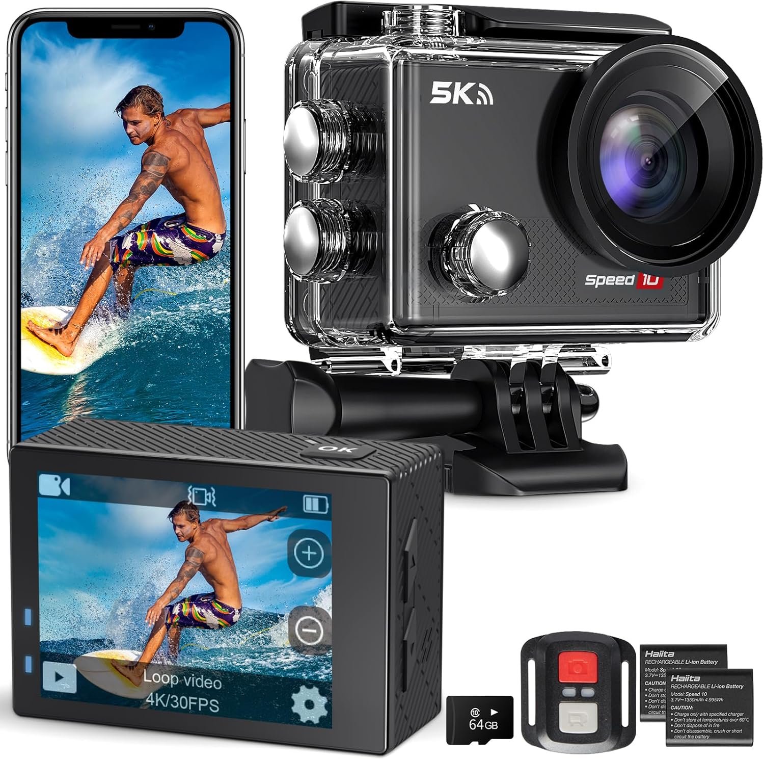 Action Camera 4K 30FPS Waterproof Camera Underwater 131FT with EIS WiFi App Remote Control 64GB Card 170° Wide Angle Sports Helmet Bike Video Black