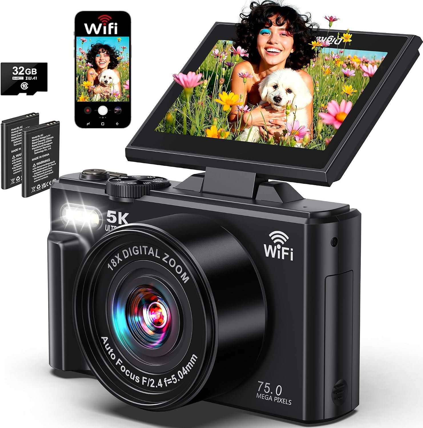 Digital Camera – 5K WiFi Digital Cameras for Photography – 75MP UHD Autofocus Vlogging Camera for YouTube – Compact Video Cameras Travel Camara with 3″ 180° Flip Screen, 18X Zoom, 32GB Card, Batteries