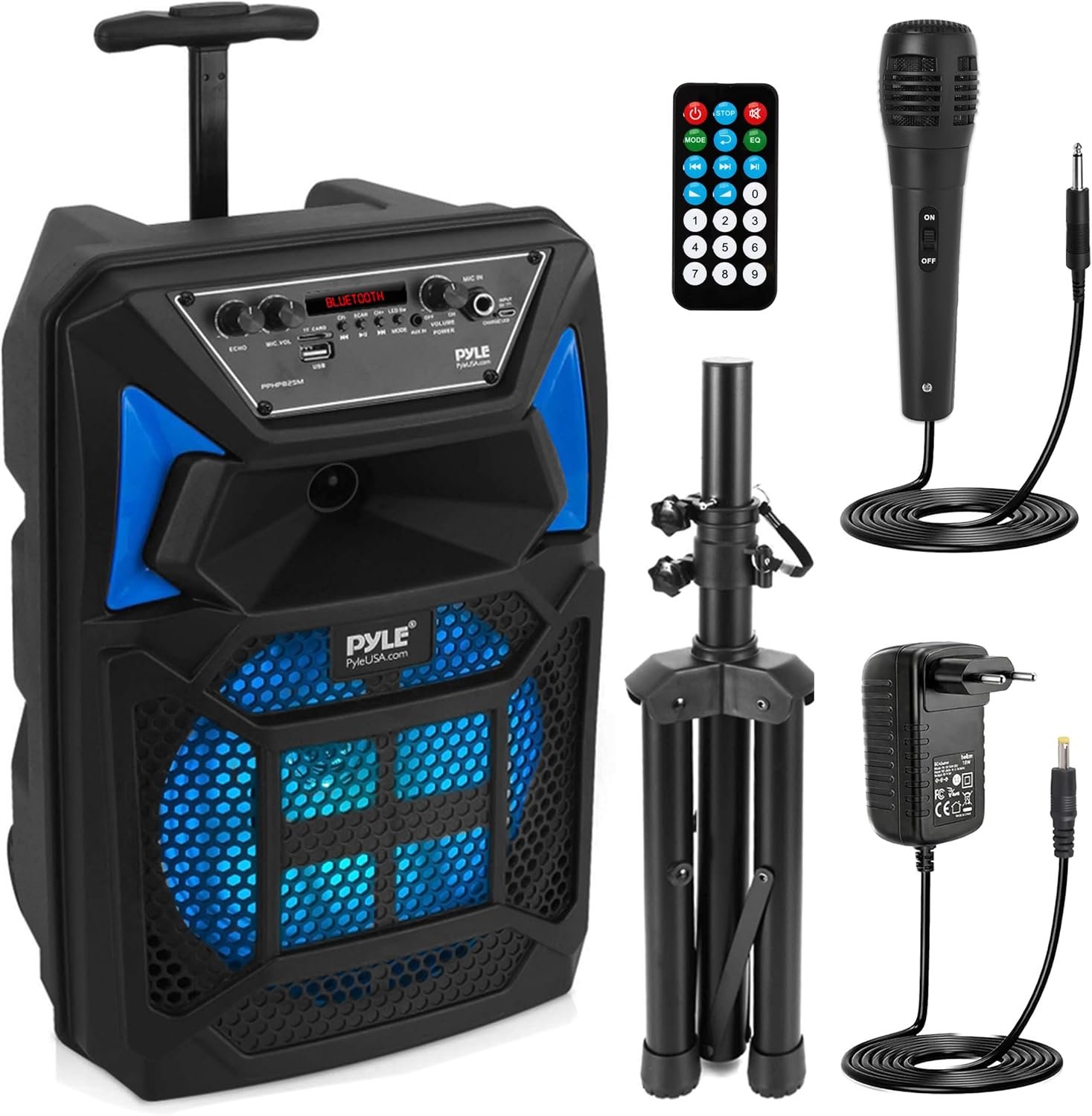 Pyle Portable Bluetooth PA Speaker System – 400W Outdoor Bluetooth Speaker Portable PA System w/Microphone in, Party Lights, MP3/USB SD Card Reader, FM Radio, Rolling Wheels – Mic, Remote – PPHP82SM