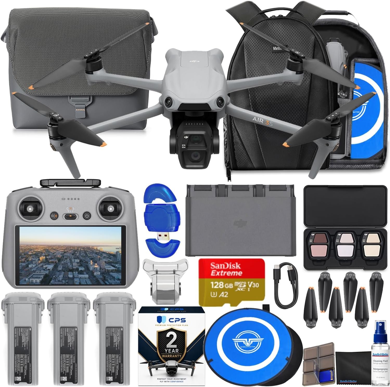 DJI Air 3S Drone with RC 2 Fly More Combo (with Screen) 4K HDR, 45-Min Max Flight Time Bundle with 128GB Memory, Landing Pad, Backpack, CPS 2 Year Warranty, Lens Cleaning Kit and More