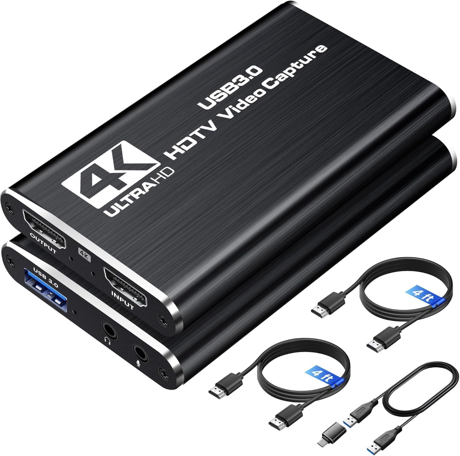 4K HDMI Capture Card for Streaming, 1080P 60FPS USB 3.0/Type-C Game Video Capture Card with 4K HDMI Loop-Out, Includes 2pcs HDMI Cables & USB Cable, Works for PS5/PS4/Switch/Xbox/PC/Camera/OBS (Black)