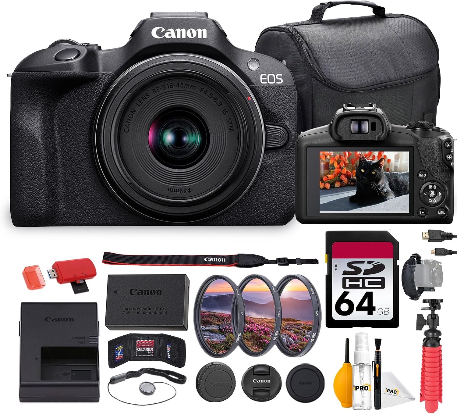 Canon EOS R100 Mirrorless Camera with 18-45mm Lens Bundle | 24.2MP APS-C Sensor, Dual Pixel AF & 4K Video | Great for Beginners, Travel, & Family Photography (6052C012) + 64GB Card + Bag + More